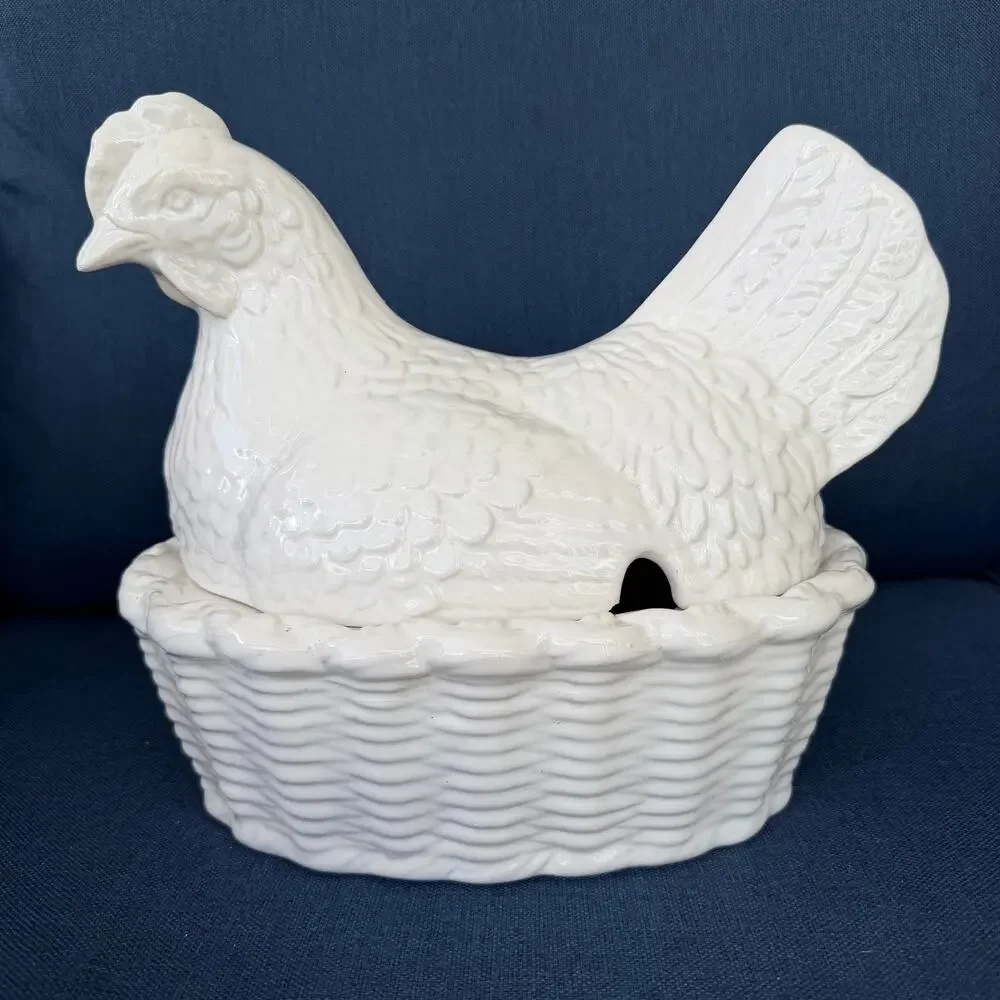 Hen On Nest Soup Tureen Pier 1 Ceramic White Chicken in Basket Serving FLAWED
